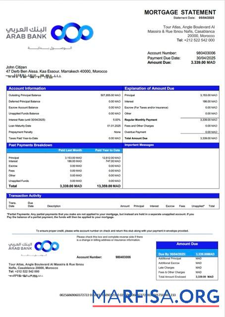 Blank Morocco Arab Bank mortgage statement Word and PDF template